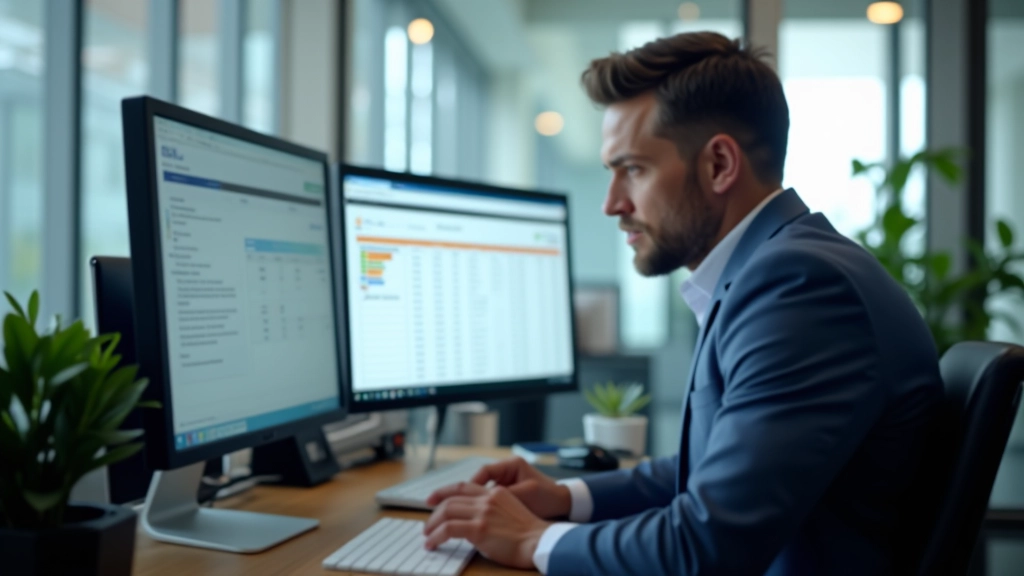 Accountant reviewing parsed invoice data on dual monitors, professional office setting with organized workspace