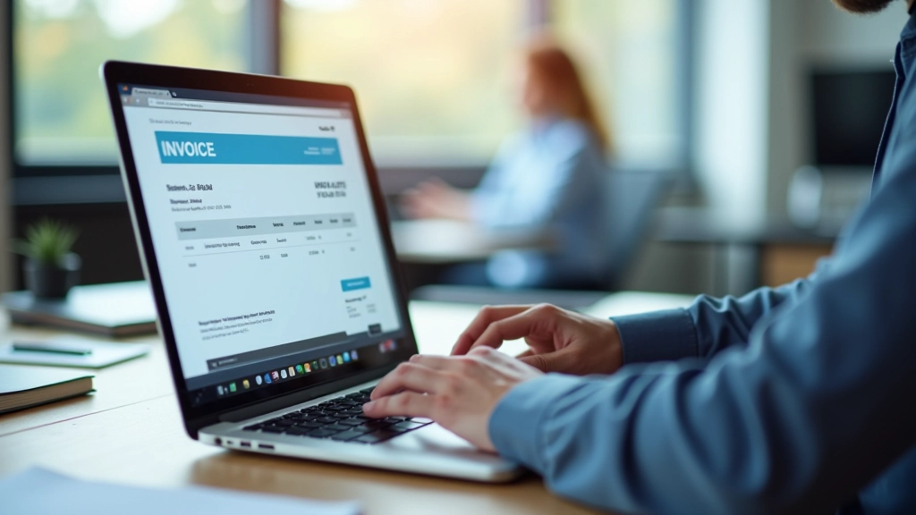 Laptop screen showing data extraction software with invoice fields highlighted in blue