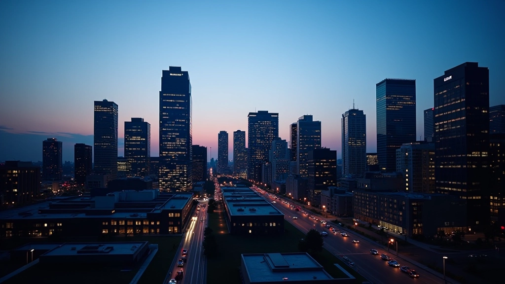 Montreal skyline at dusk with business district buildings illuminated